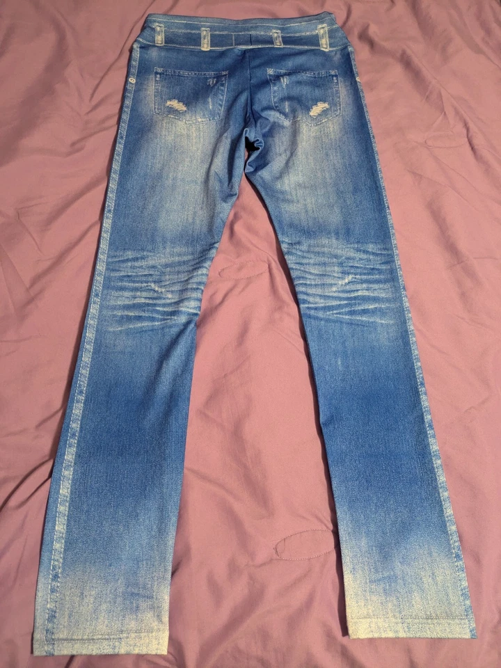 Leggings jeans azul branca falsa jeans desgastada rasgada P - Imagem 4 de 4