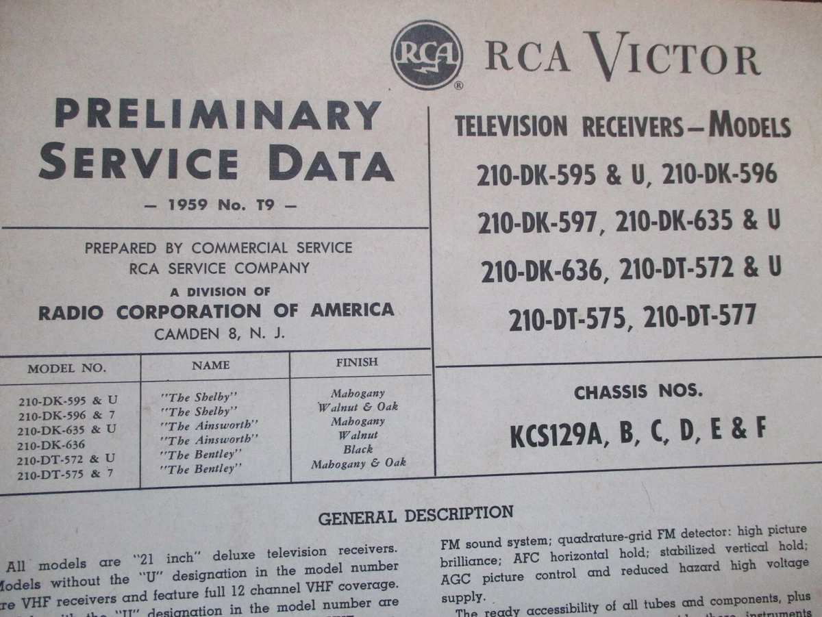 RCA Victor Television Receivers Preliminary Service Data 1959 No.