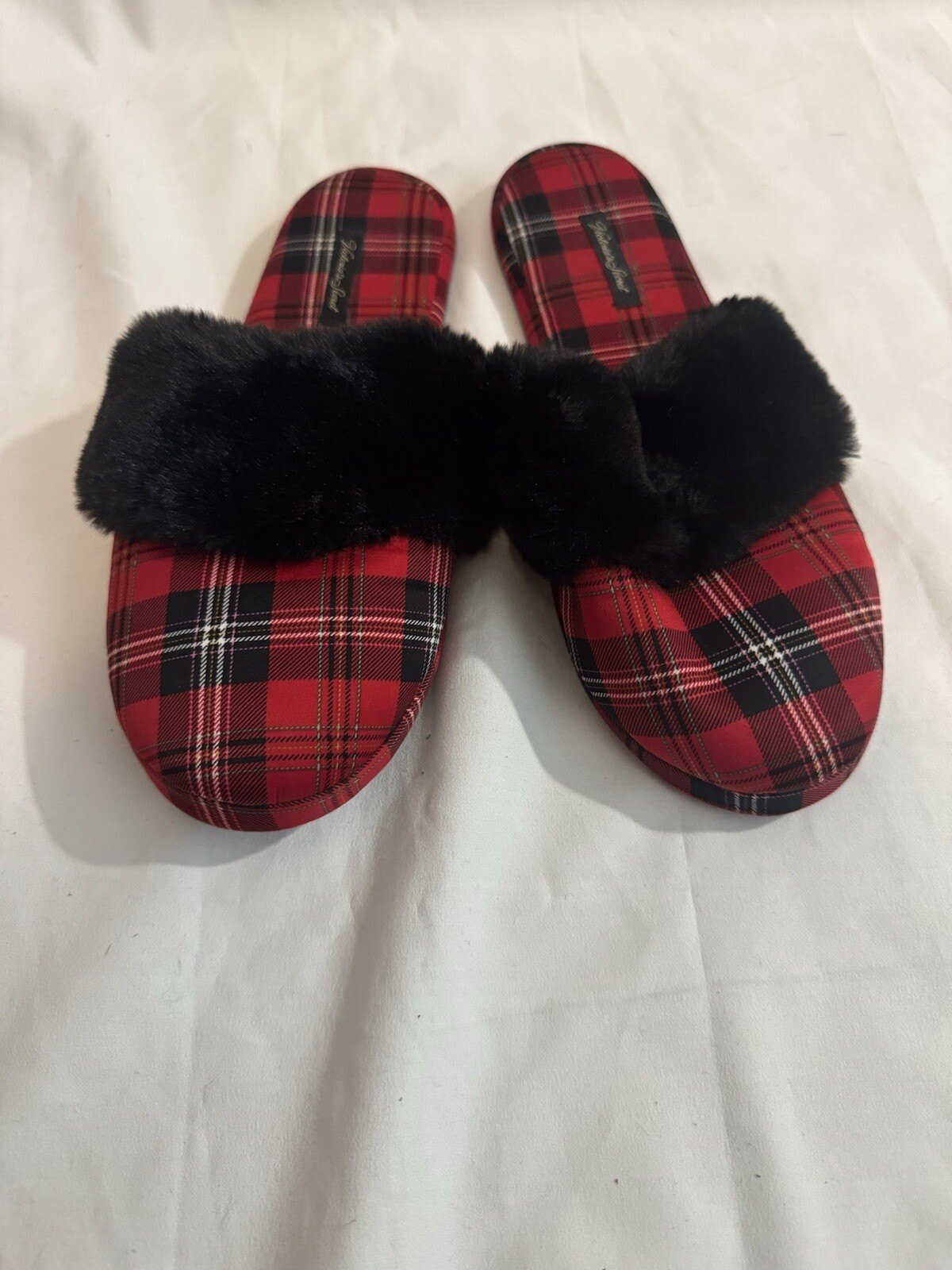 Victoria's Secret Signature Satin Plaid House Slippers Red Black Size L 9-10-image