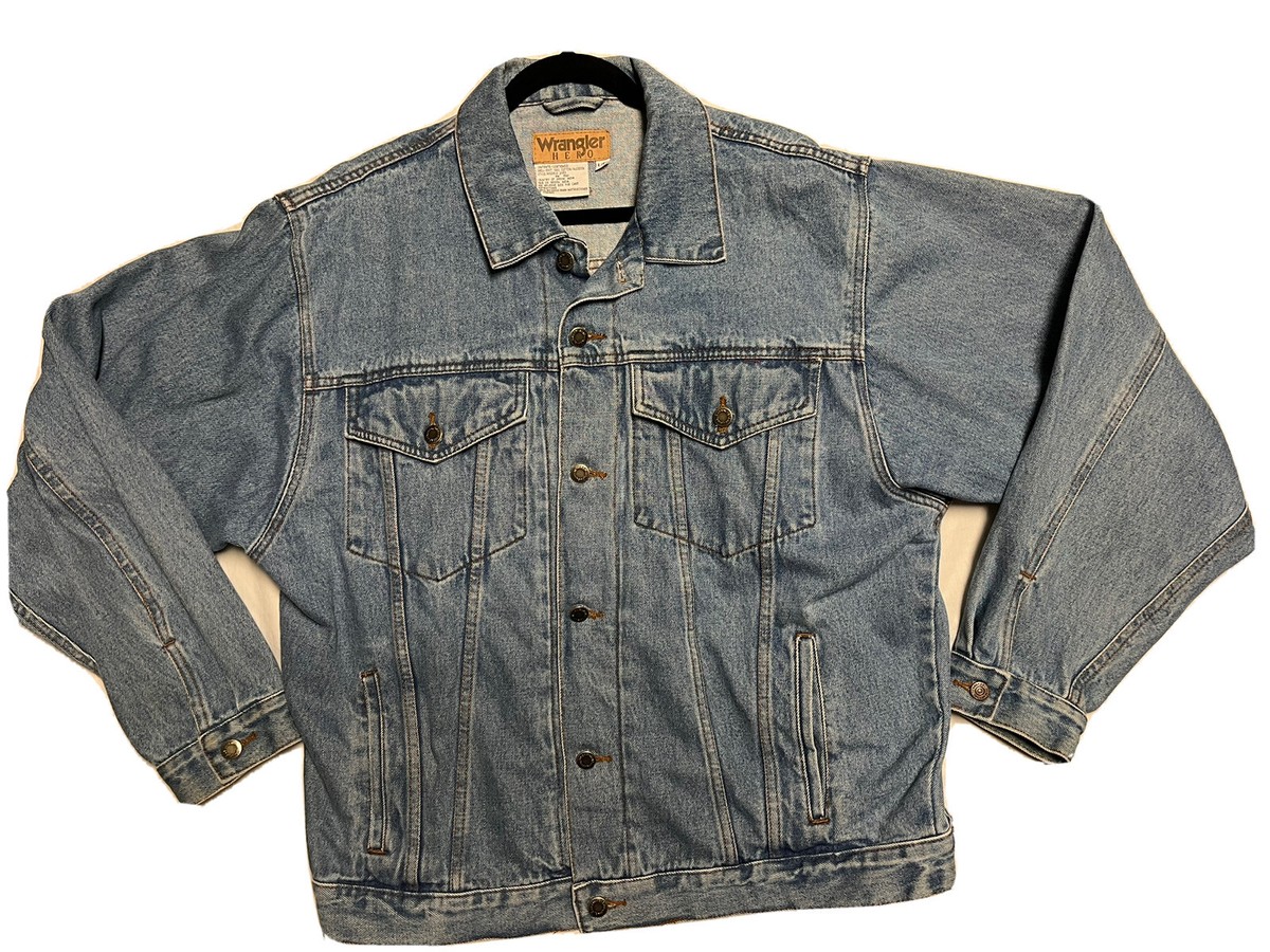 Vtg Wrangler Hero L Denim Rancher Trucker Work Jean Jacket Men's
