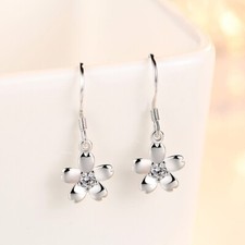 Women Girls 925 Sterling Silver Crystal Flower Drop Hook Earrings Jewellery Gift