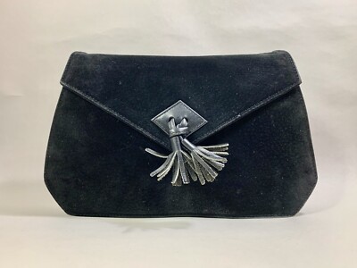 Rowallan kleine schwarze Wildleder Clutch Schultertasche mit Wildlederfutter & Quaste vorne