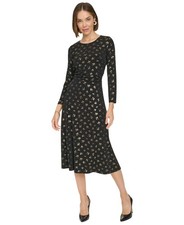 Tommy Hilfiger Printed Long Sleeve Ruched Waist Fit Flare Dress Black / Gold 8