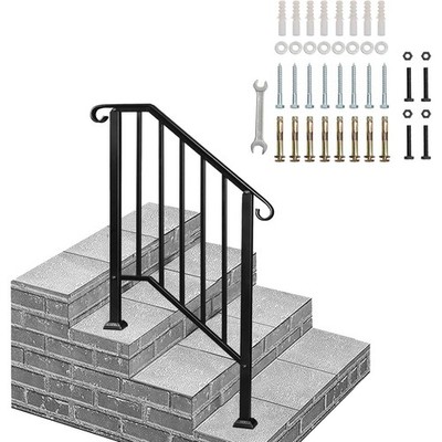 VINGLI Handrail for 2-3 Steps; Wrought Iron Railing Kit with 5 Balusters - Black