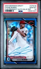 2024 Bowman Draft Chrome Prospect Chase Burns 1st RC Blue Ref /150 Auto PSA 10