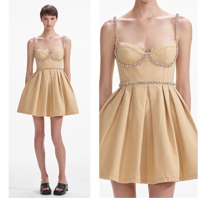 Self-Portrait Diamante Denim Beige Mini Dress Size 8