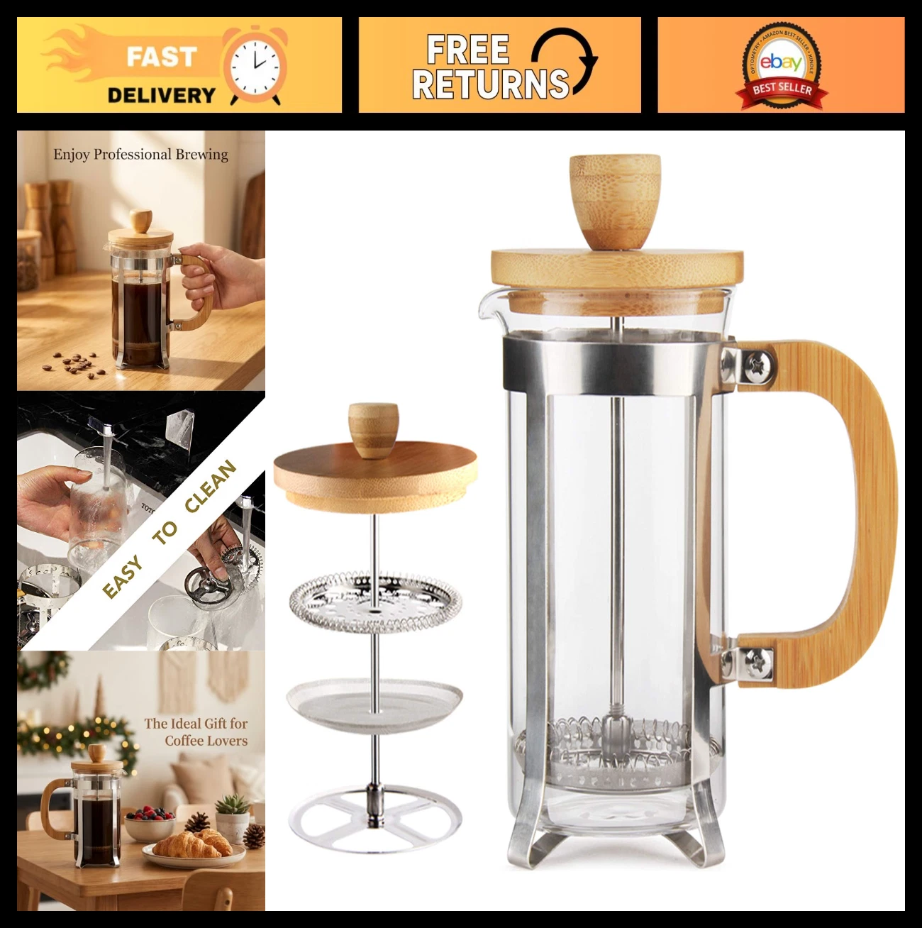 12 oz French Press Coffee Maker - Stainless Steel Filter, Bamboo Handle, Durable