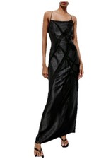 ZARA BLACK SATIN MAXI SLIP DRESS SPAGHETTI STRAPS APPLIQUÉS SIZE M NWT