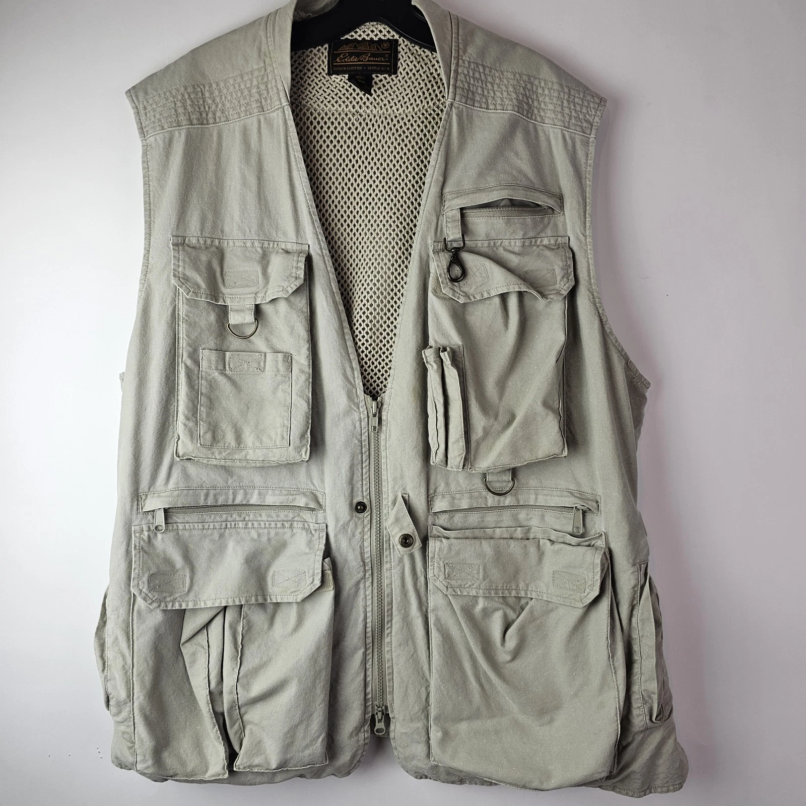 Eddie Bauer Vest Mens Large Safari Travel Utility Cargo Fishing Vented Khaki Zip