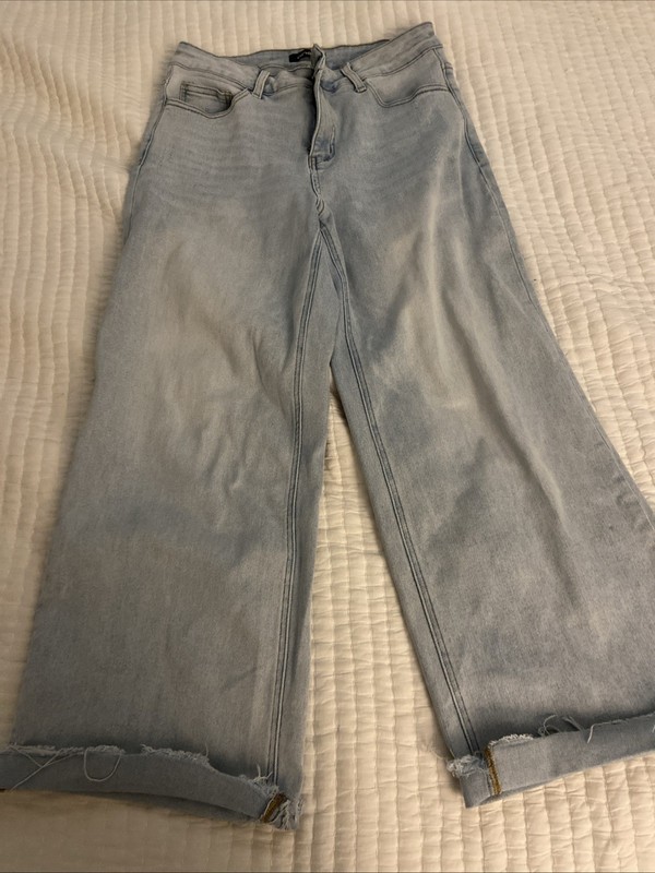 Oneso Plus Size Wide Leg Light Blue Stretch Denim Fringe Jeans Mid Rise Sz 14w