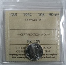 1962 Canada Ten Cent - ICCS MS-65