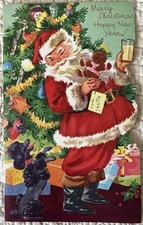 Unused Christmas Santa Black Poodle Dog Vtg Greeting Card 1950s 1960s Sunshine