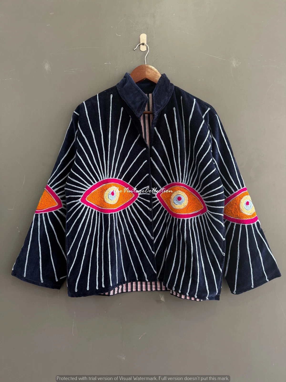 Handmade Velvet Evil Eye Embroidered Jacket Women Boho Art Statement Coat Oversi