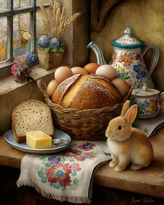 8x10 Cozy Storybook Basket of Bread Art Print Classic Illustration - 300002563