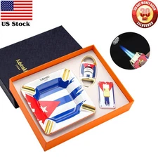 Lubinski 2 Jet Flame Torch Cigar Lighter Guillotine Cutter Ceramic Ashtray Gift