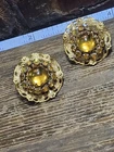 Miriam Haskell Signed Gold Tone Clip-On Earrings Amber Round Rhinestones