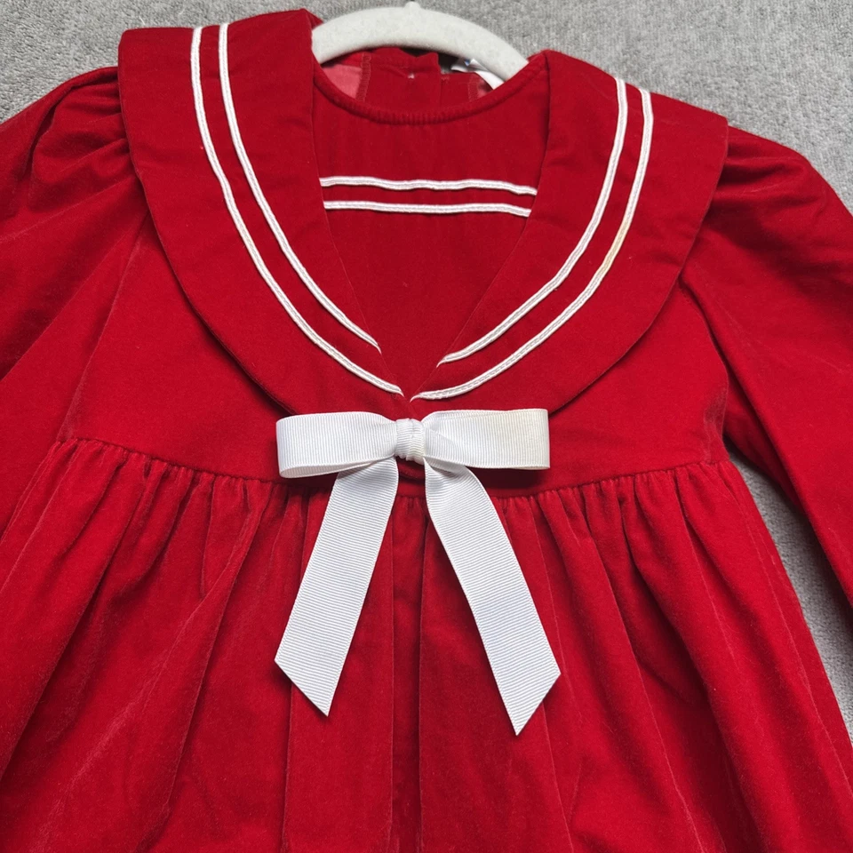 Vestido Marinero Rojo Años 90 Niñas 5-6 Terciopelo Vacaciones Borde Lazo Vintage Look Navidad Foto 3 de 4