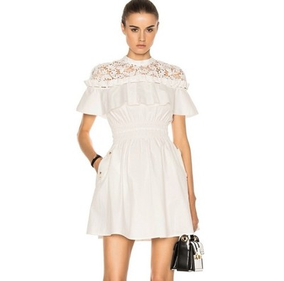 Self Portrait Hudson Mini Dress White Lace Cutout Smocked Waist US 0 UK 4 NWT
