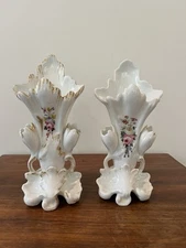 Antique Pair Old Paris Porcelain Bridal Vases Hand Painted Floral Gilt Tulip