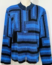Ming Wang Geometric Knit Long Sleeve Zip Jacket Blue & Black Women's XL