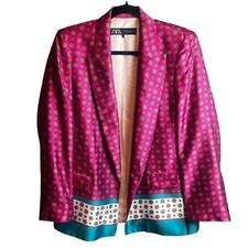 Zara Blazer Jacket Womens Medium Pink Geometric Border Print Lined Notch Lapel