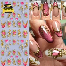 5D Nail Art Stickers Gold Flame Red Heart Nail Decals 2PCS Embossed Vintage Nail