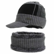 Winter Mens Warm Hat Knit Visor Beanie Fleece Lined Billed Beanie with Brim Cap