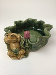 Vintage Planter Frog Lily Pad Art Pottery Bowl Flower Marked Signed 8 Inch Ebay