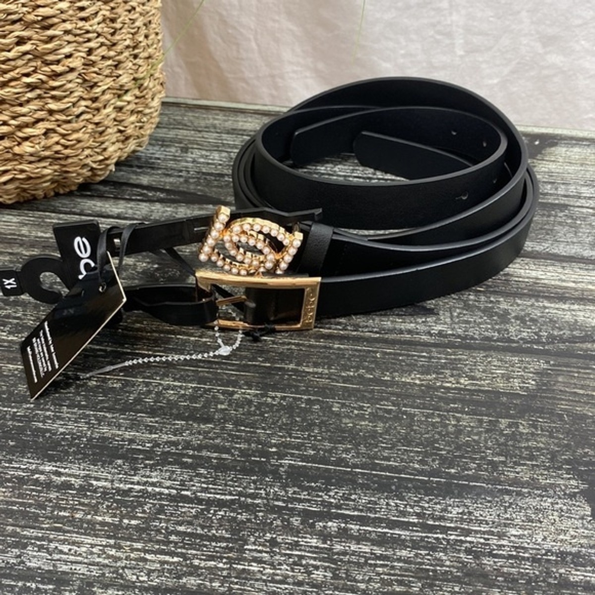 BEBE Set of 2 Black Faux Leather Rhinestone Trim Belts 1X  display picture 3