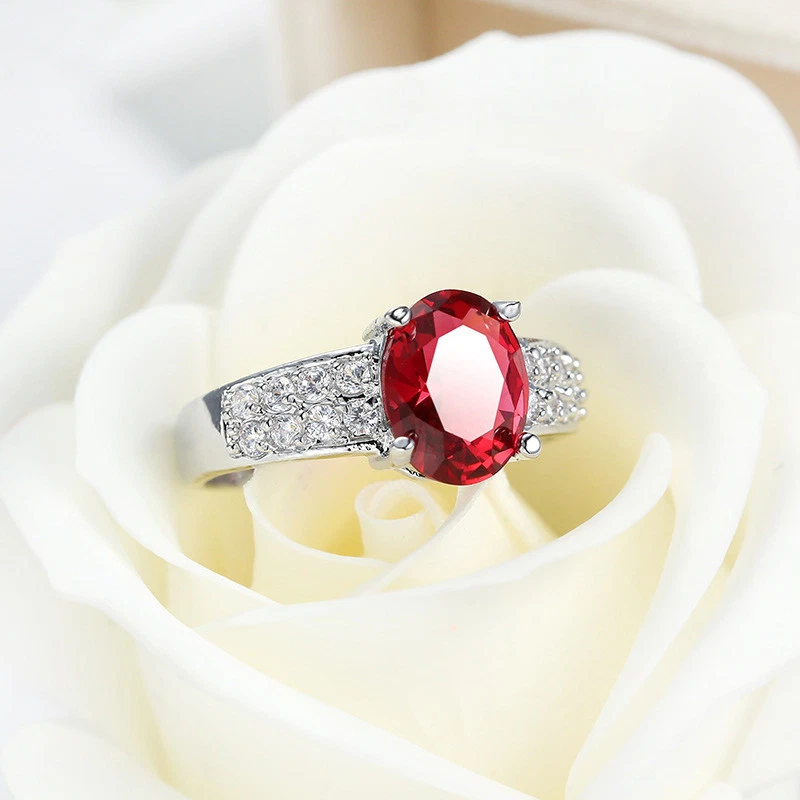 Anillo de compromiso para mujer corte ovalado rojo AAA circonita cúbica relleno de oro blanco talla 6/7/8/9/10 Foto 3 de 4