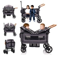 Wagon Stroller for 2 Kids with Adjustable Handle and Canopy,Kids Tray,Cup Holder
