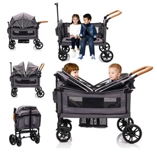 Wagon Stroller for 2 Kids with Adjustable Handle and Canopy,Kids Tray,Cup Holder