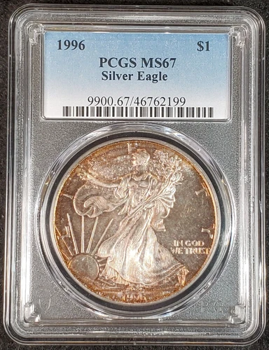 1996 $1 PCGS MS67 Silver American Eagle Gold Toning 9900.67/46762199