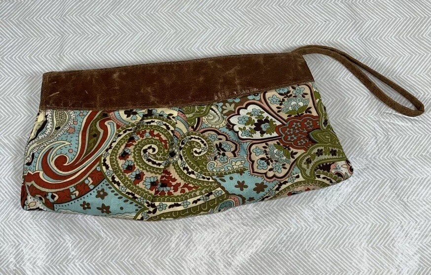 Ebisu Wristlet Clutch Floral Paisley Fabric Brown Leather Trim