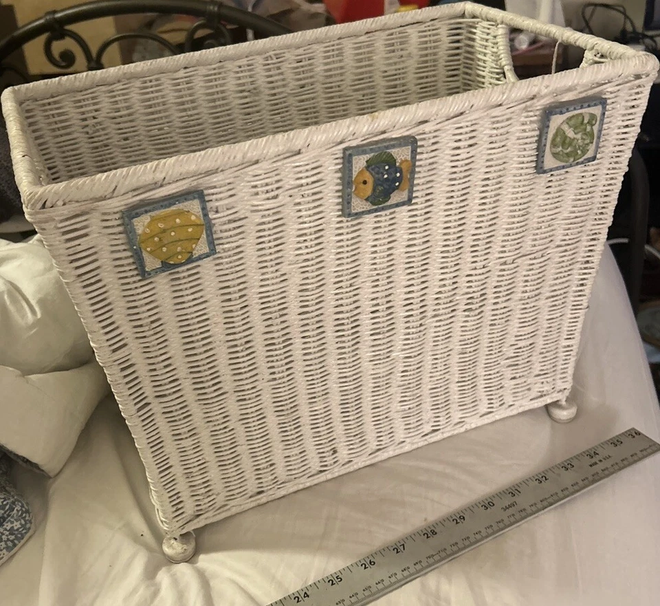Vintage White Wicker Magazine Rack With Tag Coastal Theme 16x12x9.5 “ 3 Tiles - Image 2 of 4