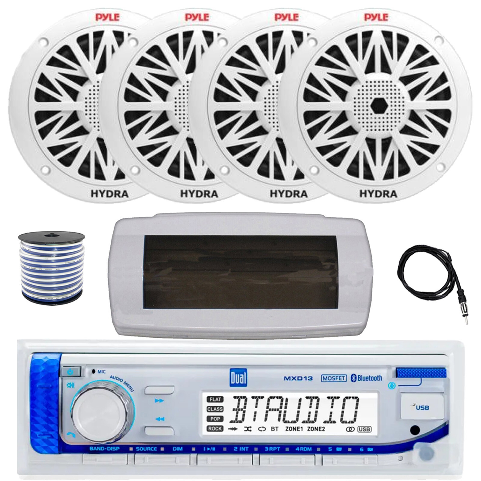 Dual Bluetooth Marine Stereo with Cover Antenna Wire and 4x 8-Inch 300W White Speakers