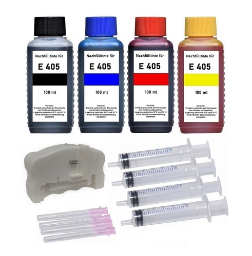 ✅ Refillset 4 x 100 ml Druckertinte + Chipresetter für Epson 405 Patronen