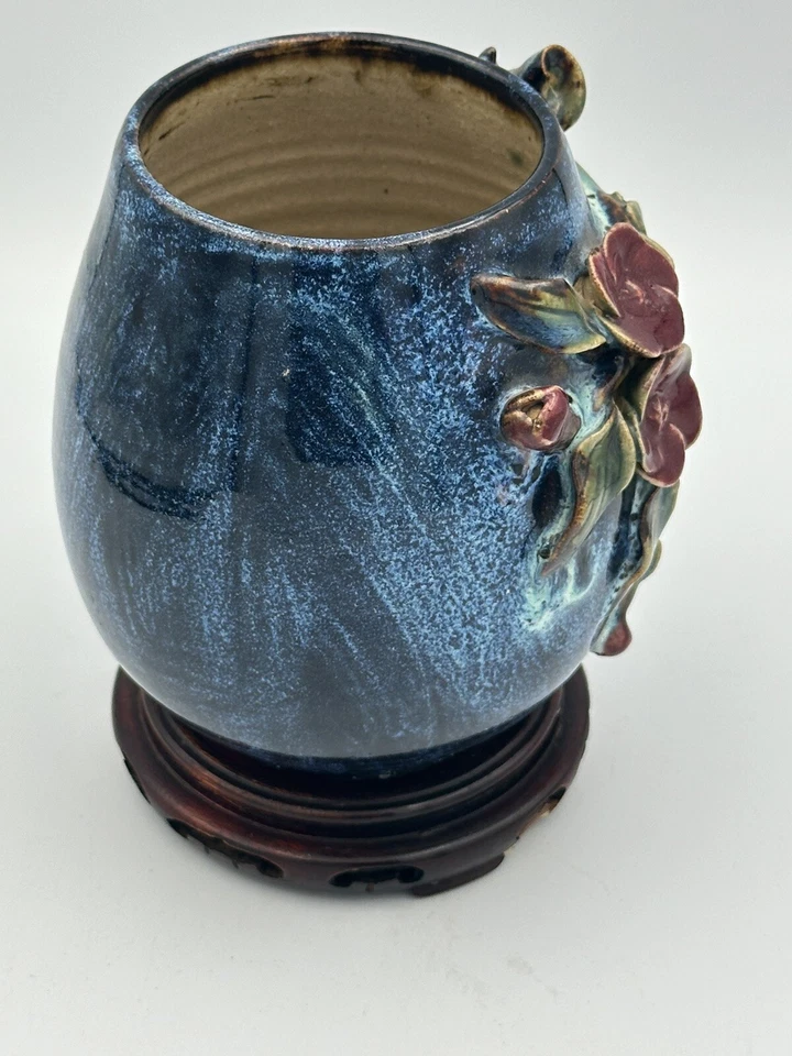 Jarrón de cerámica maceta Jun horno gres China azul cobalto rojo flores y hojas verdes Foto 4 de 4