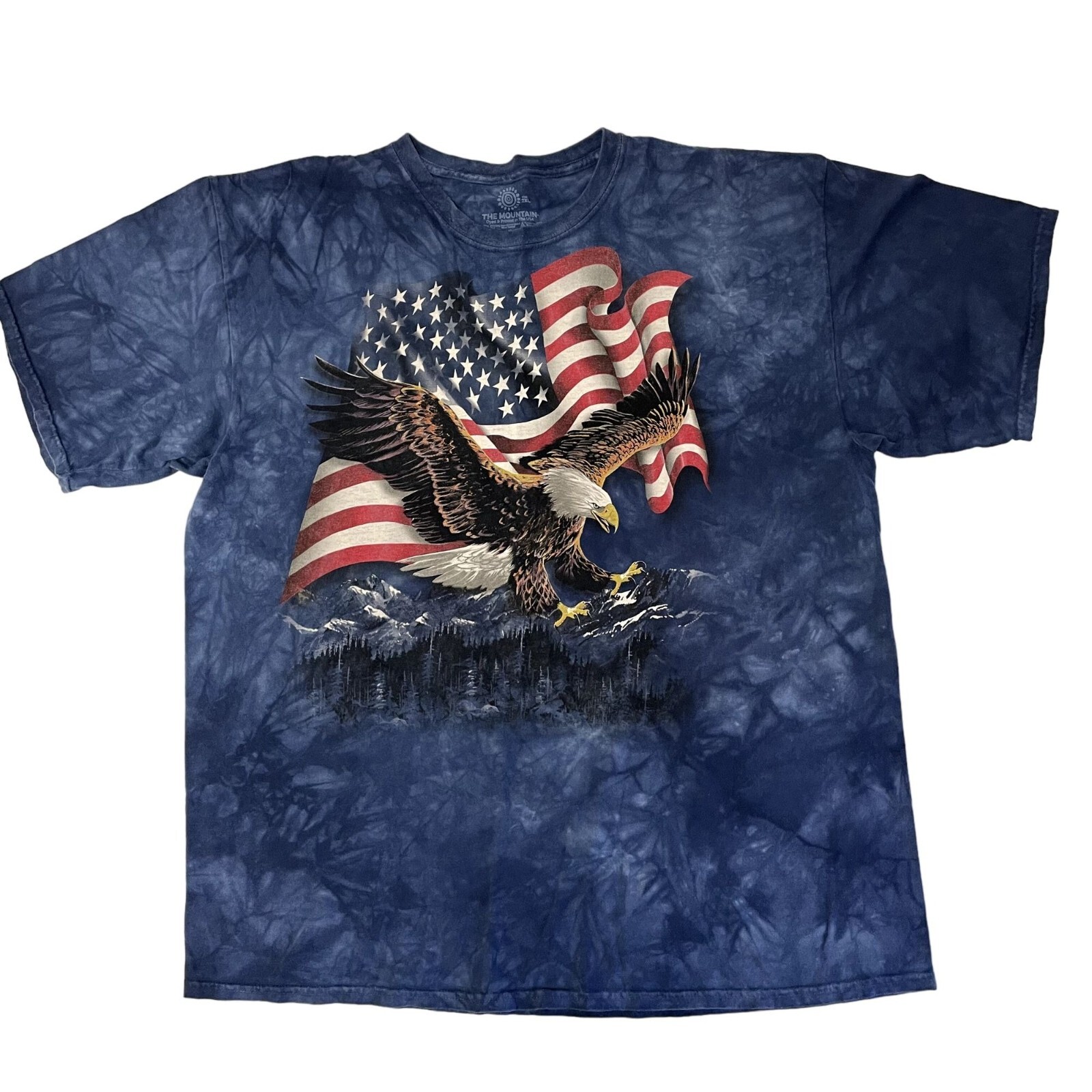 Vtg 90’s Mountain Blue Tie Dye USA AMERICAN BALD EAGLE Patriotic FLAG T Shirt 2X