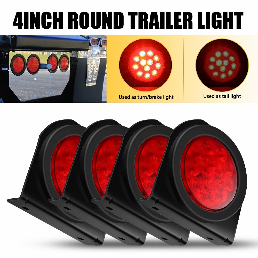 4X 4-Inch Round Red Tail Brake Running Light with Mounting Bracket for Truck Trailer