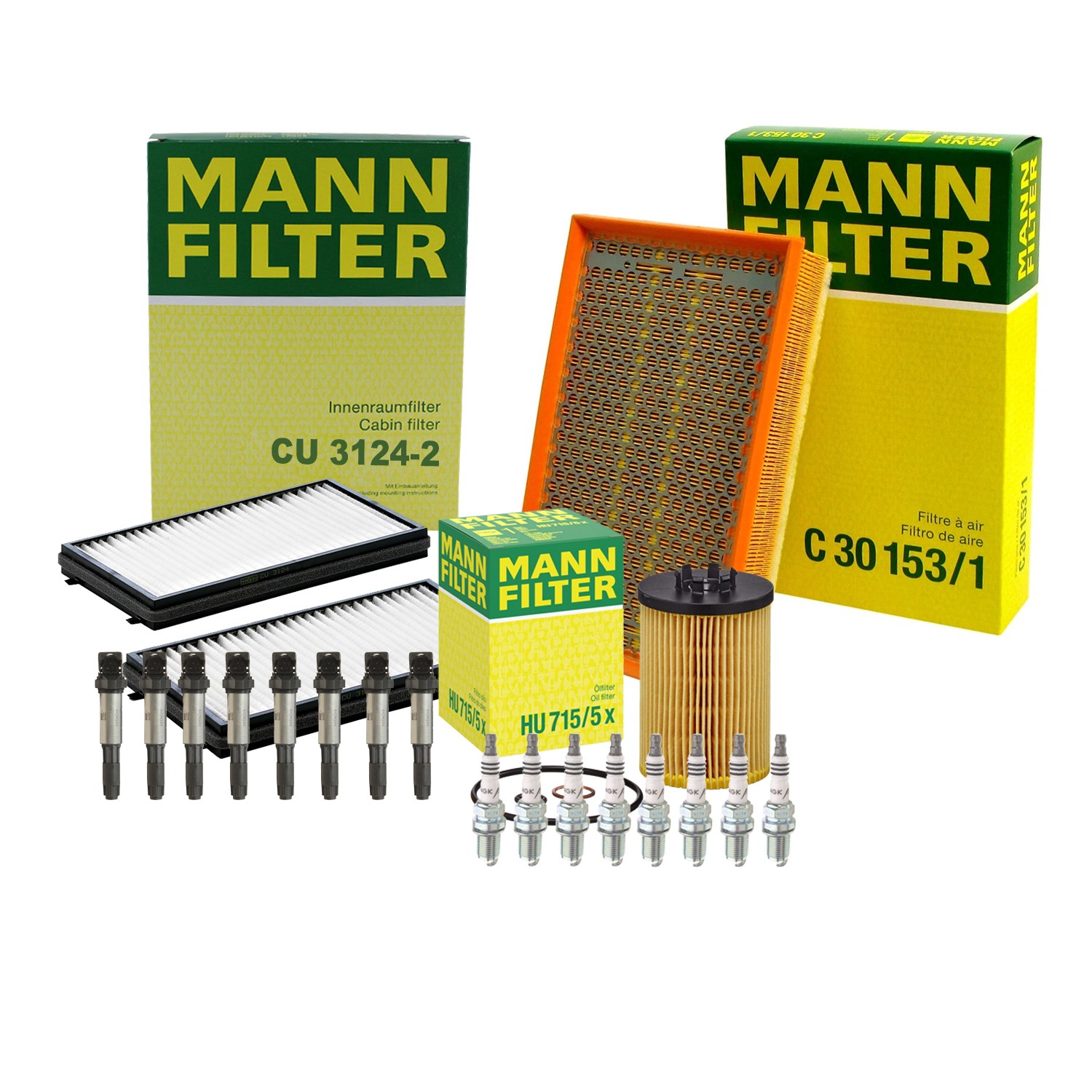Mann Engine Oil Cabin Air Filter 8 NGK Plug Hitachi Coil Kit For E65 745i V8 N62