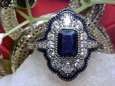 Lab Faceted Blue Sapphire Ring 8X6mm EME  White Topaz 925 White GoldPlate Sz9.5