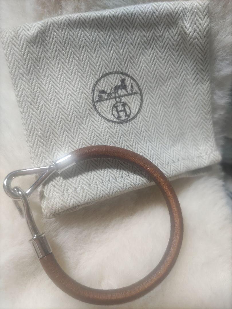 Hermes Leather Bracelet Jumbo H Silver Used Excellent No Box Brown 8.5in Auth