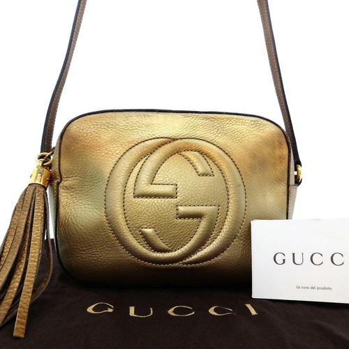 Gucci GG Supreme Canvas Leather Gold Crossbody Bag Pre-Owned Women Purse