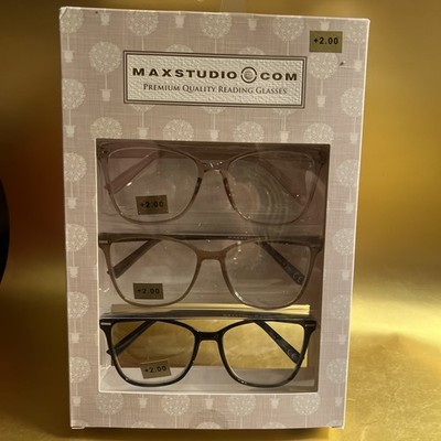 MAX STUDIO PREMIUM 3-PACK READING GLASSES READERS  +2.00 NEW AUTHENTIC