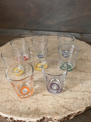 Shot Glasses WITH POOL TABLE THEME. Set Of 8 Pool Table Ball Numbers  GLASS SHOT