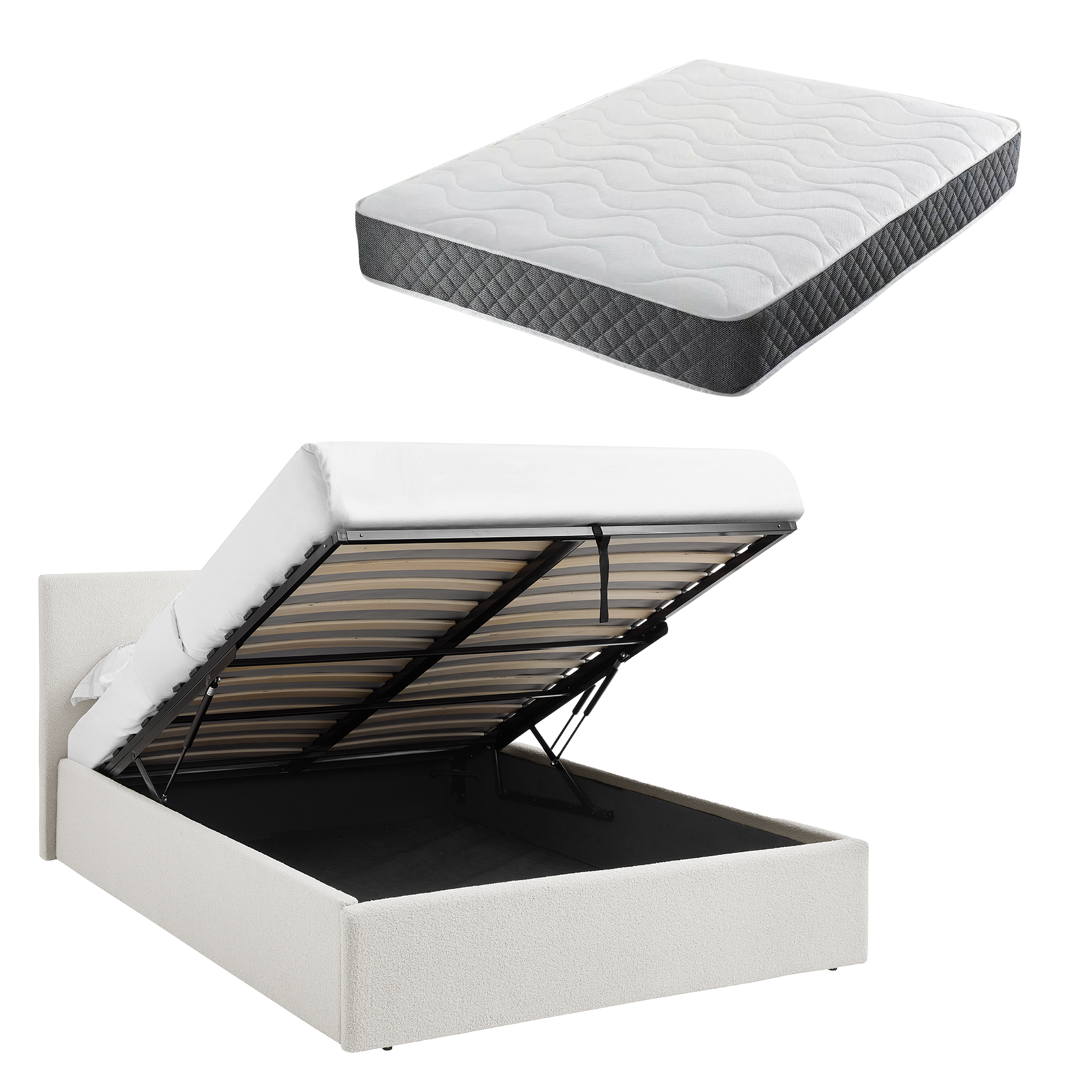 TEDDY BOUCLE 3FT Single Gas Lift Frame White + Spring & Foam Mattress