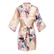 Womens Short Kimono Robes Bride and Bridesmaid Satin Floral Bathrobe Peacock ...
