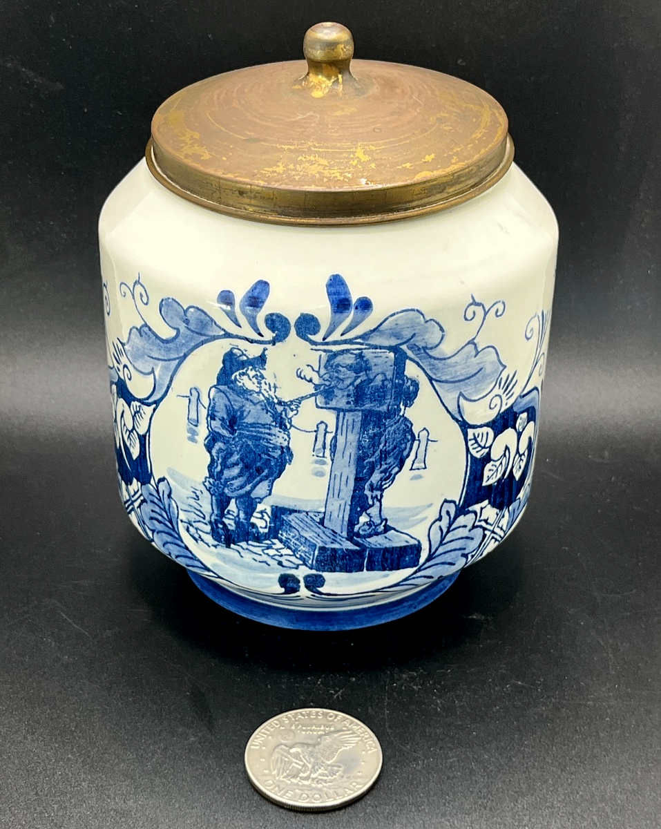 RARE SHAPE Vintage Tobacco Jar Delft Blue & White VAN ROSSEM's TOEBACK ANNO  1750
