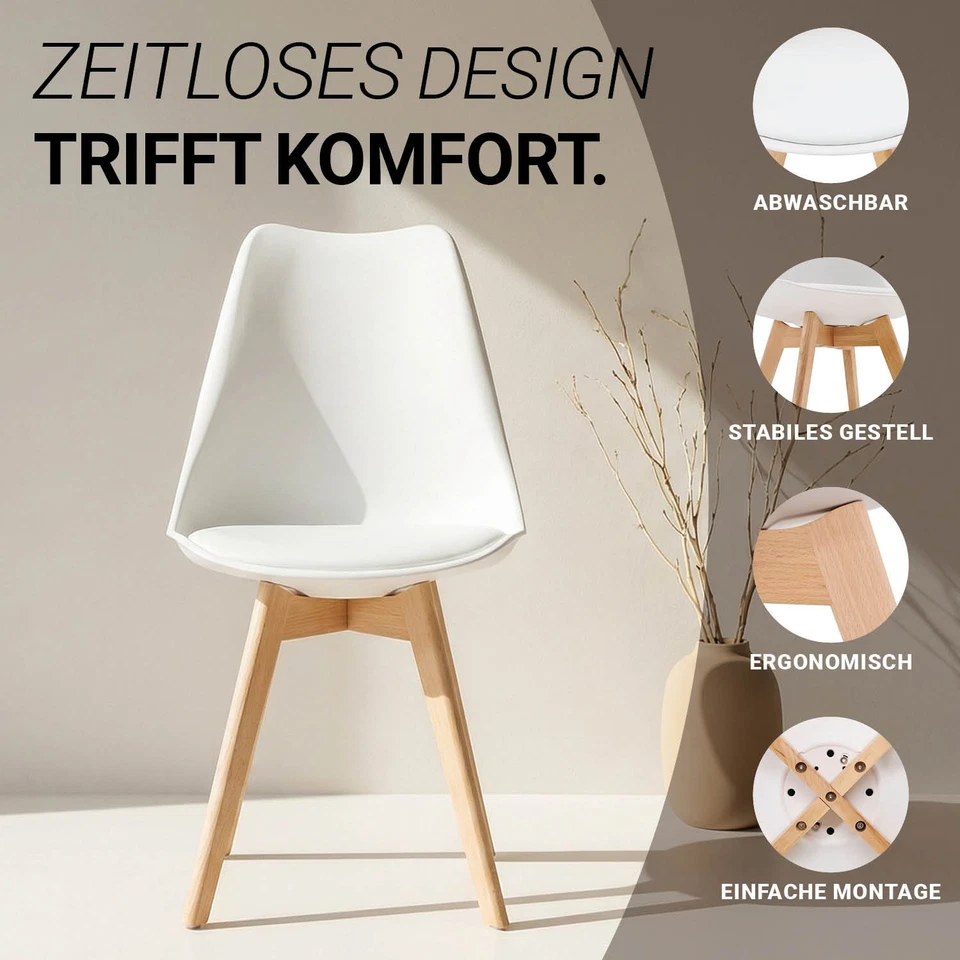 2 Chaises de Cuisine Blanc Pieds Bois Massif Salle à Manger Moderne Homestyle4u - Photo 4/4